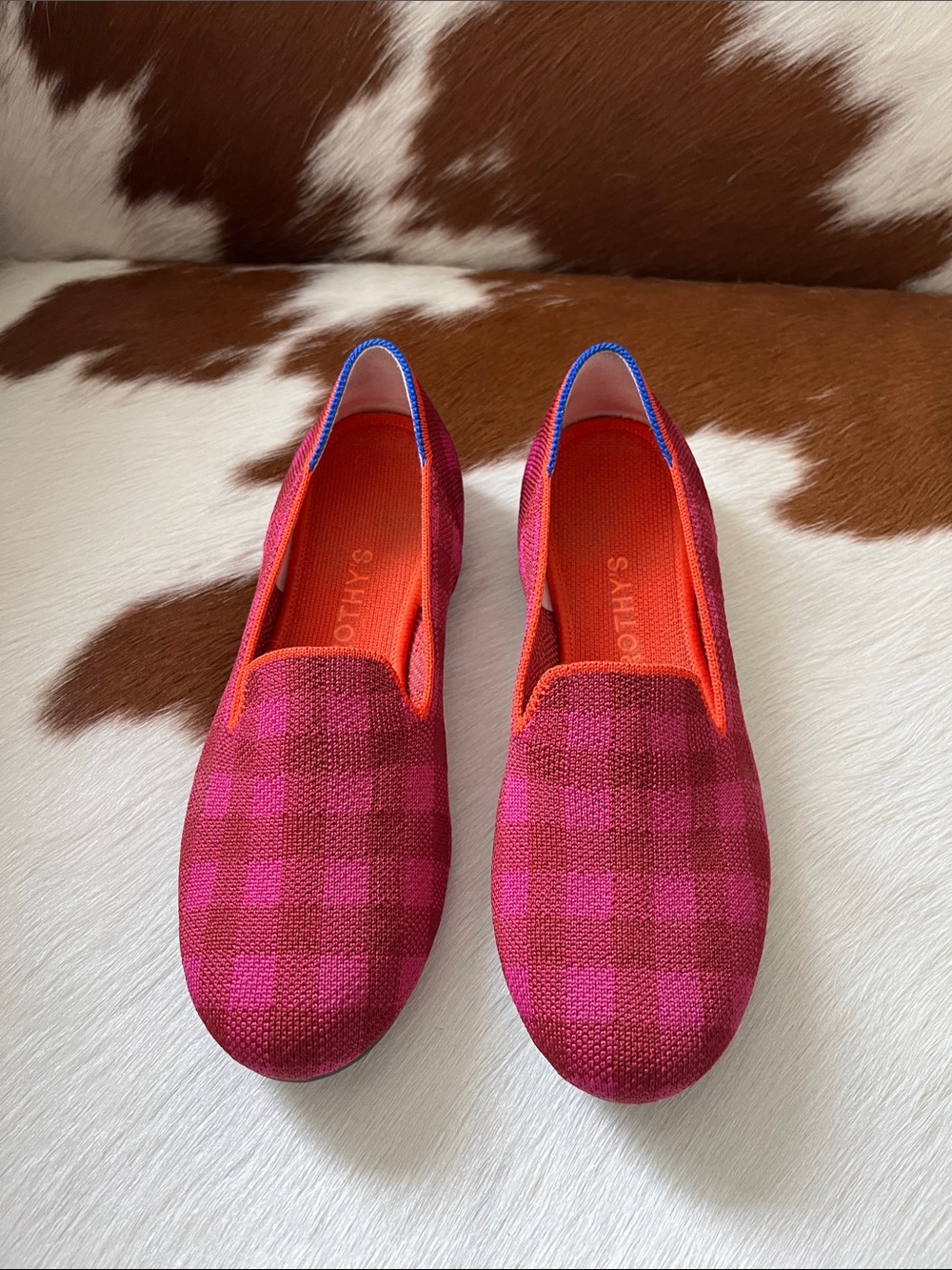 Rothy's Pink & Cherry Checkered Slip-On Flats